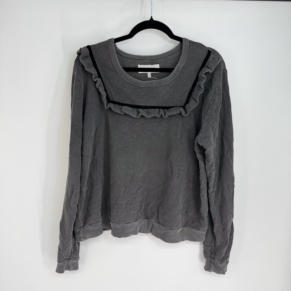 The Great. Washed Grey Ruffled Collar Long Sleeve Full Length Crewneck Top - Picture 1 of 5